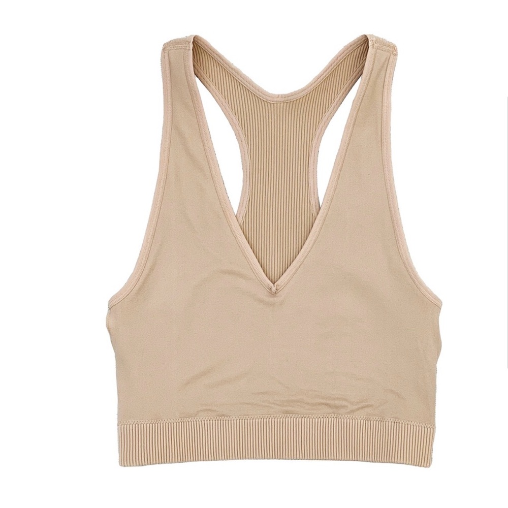 2 for 30$ Beige Mocha Ribbed Zenana Seamless Vee Neck Crop Top & Removable Pads - Picture 3 of 6